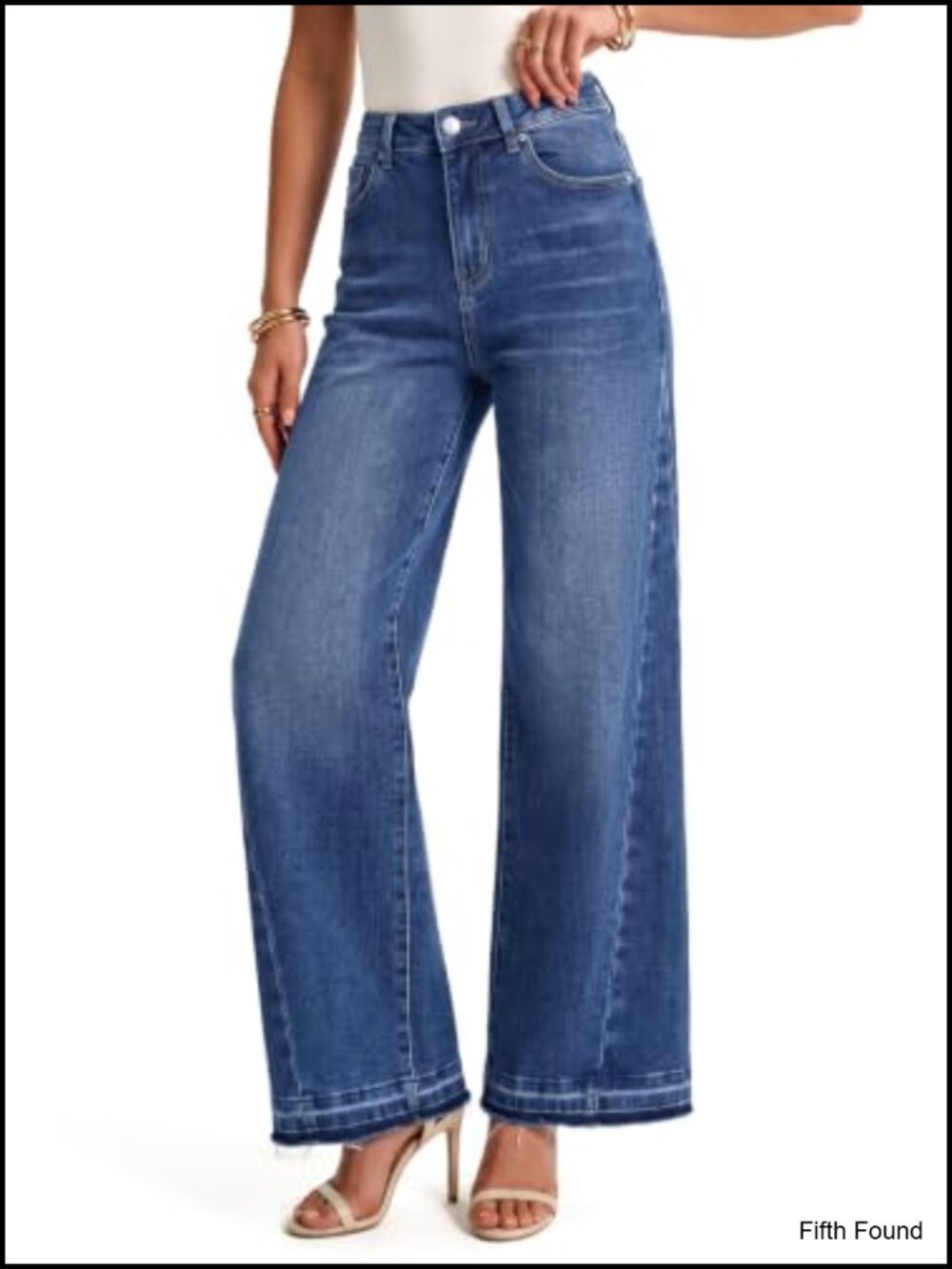 Women's Stretchy High Waisted Wide Leg Jeans Patchwork Raw Hem